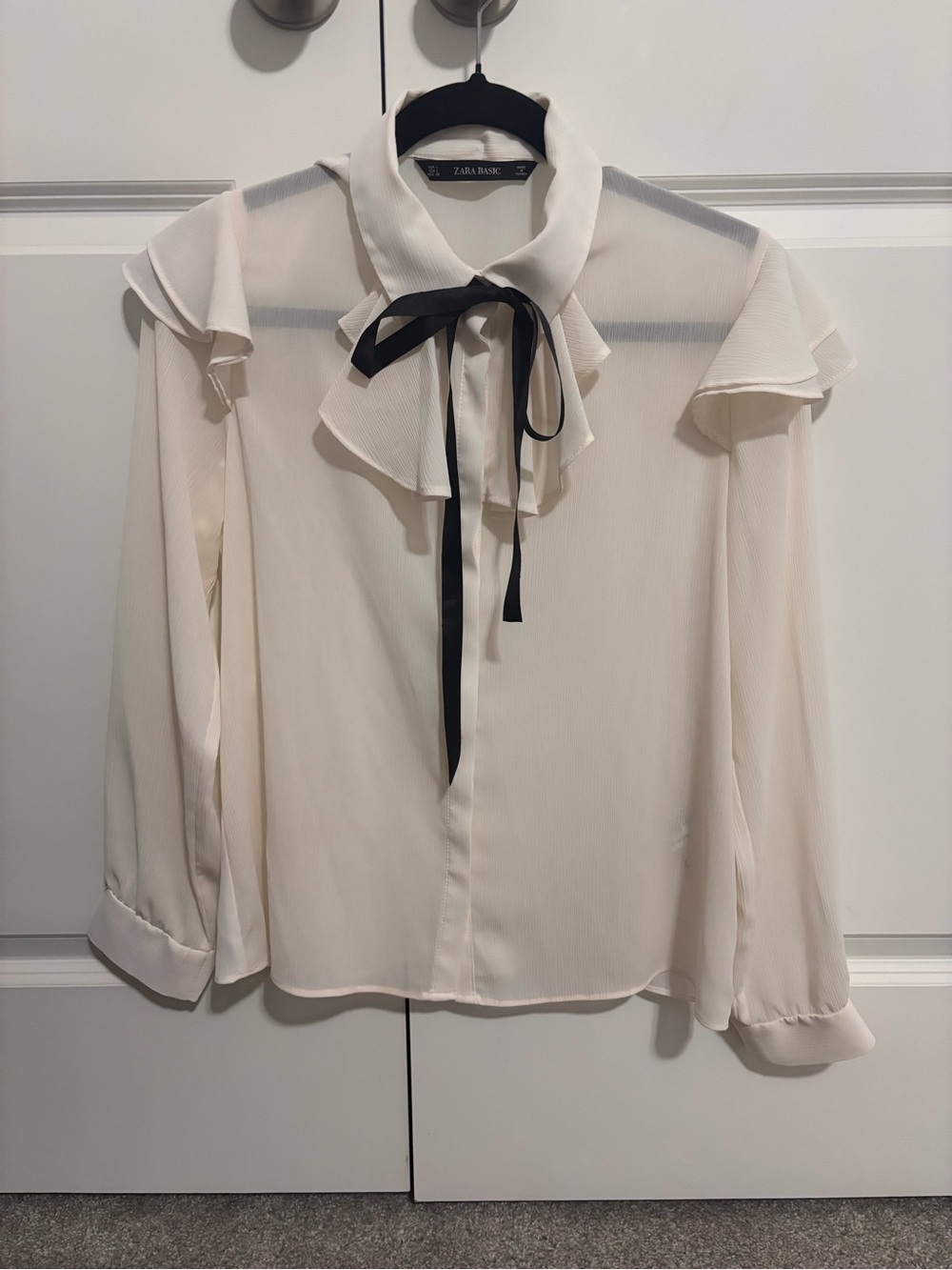 Zara Cream Ruffle Blouse with Black Tie